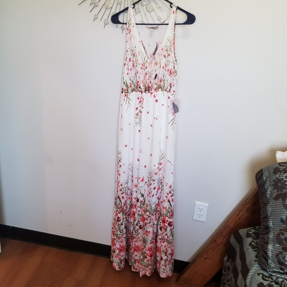 NWT White, Pink and Green Floral Maxi Dress